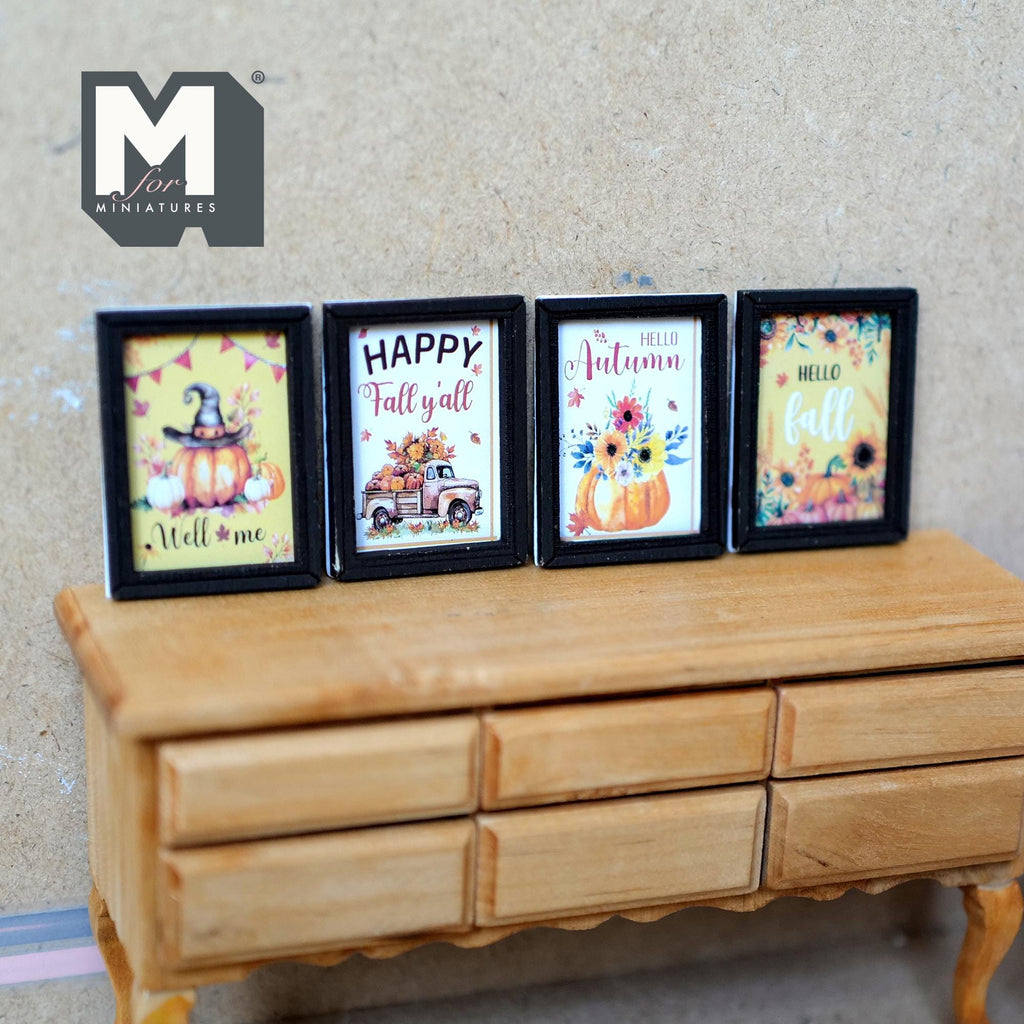 1:12 Scale Miniature Wood Framed Autumn Wall Art Prints, Set of 4, 1-9/16 inch tall, DIY Dollhouse Supply