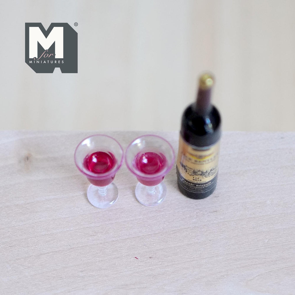 1:12 Scale Miniature Wine Bottle with 2 Glasses of Red Wine, 1-3/4 inch tall, DIY Dollhouse Supply