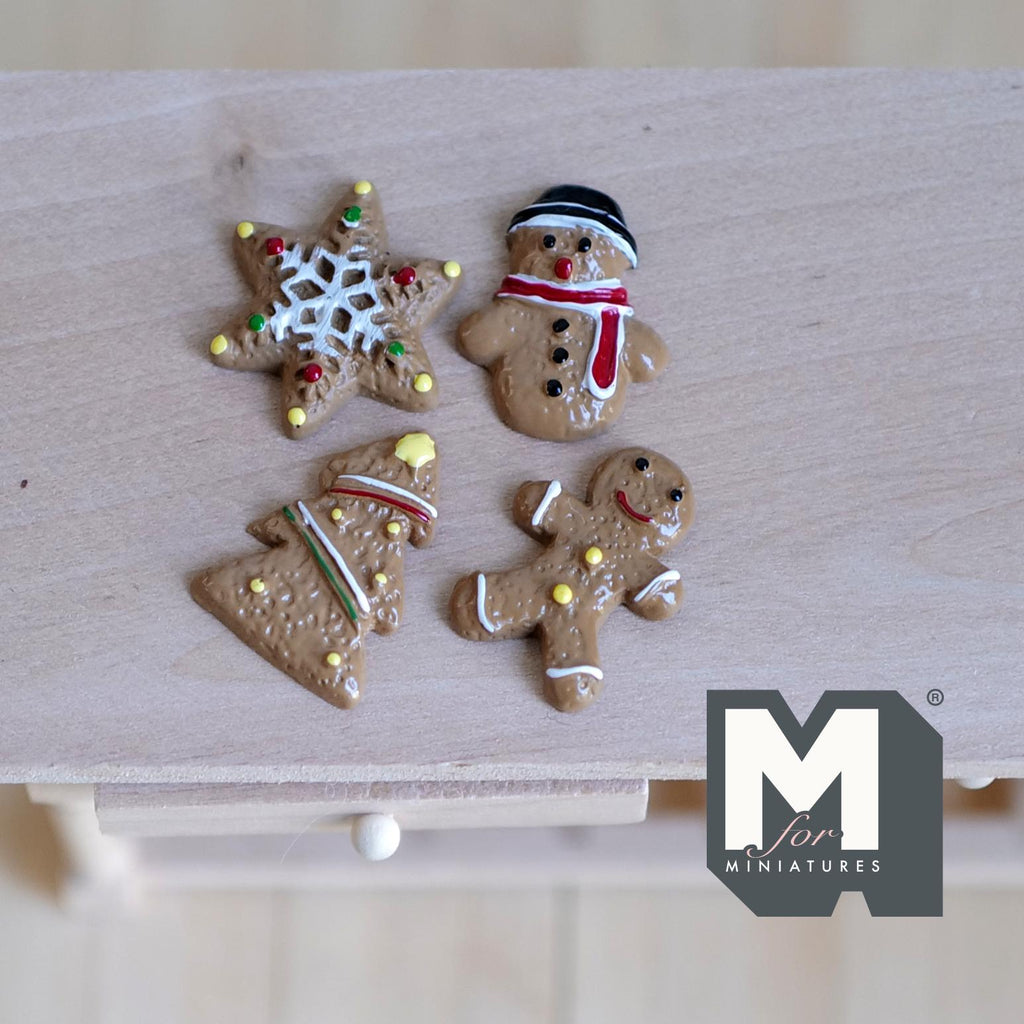 1:12 Scale Miniature Gingerbread Christmas Cookies, Set of 4, 13/16 inch long, DIY Dollhouse Supply (non edible)