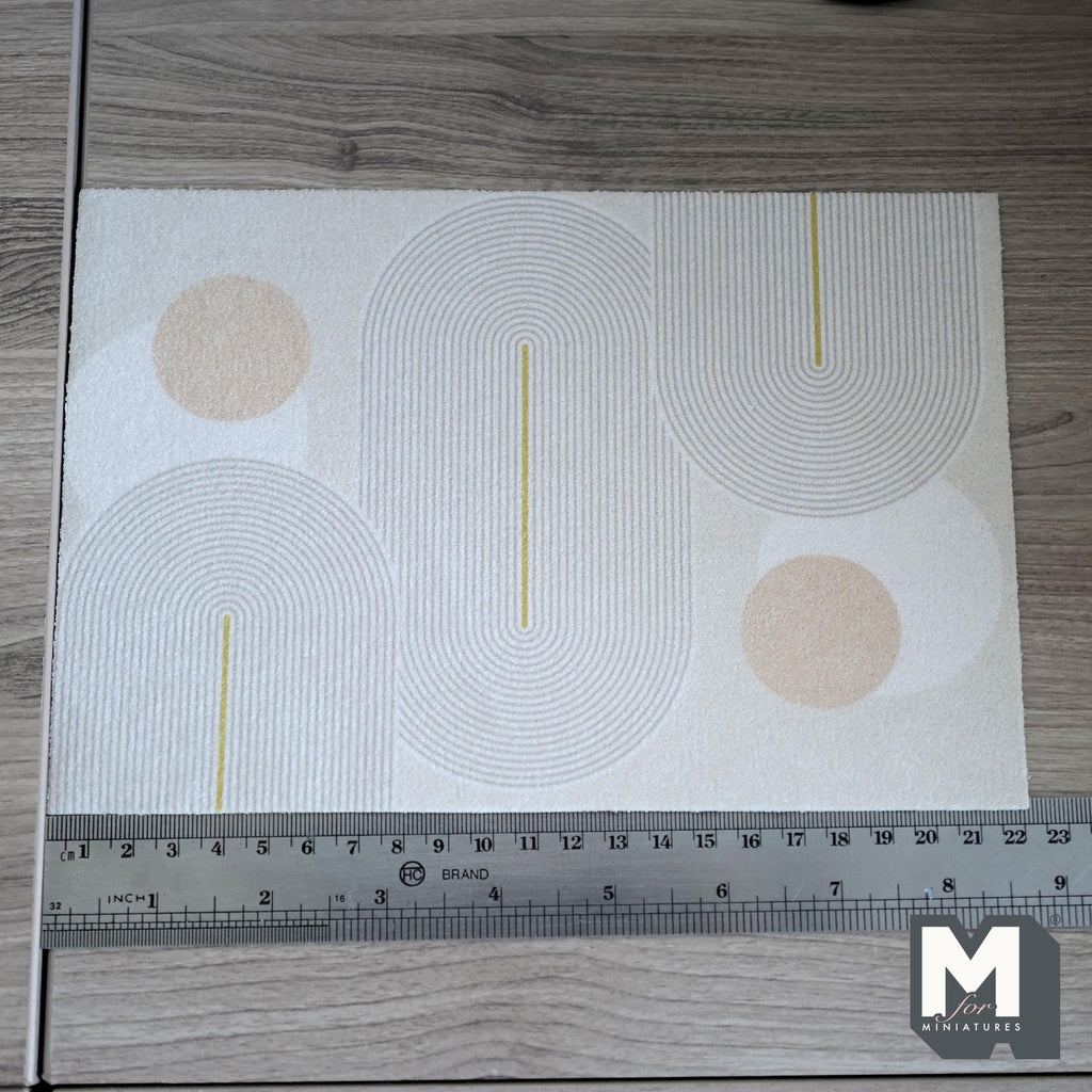 1:12 Scale Miniature Printed Geometric Area Rug, Circles and Curved Lines, 8-11/16 inch long, DIY Dollhouse Supply (beige)