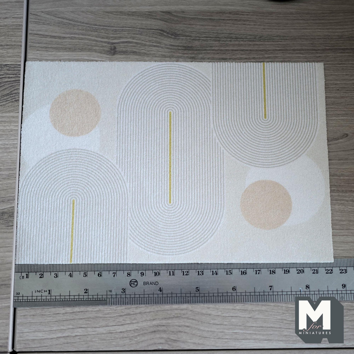 1:12 Scale Miniature Printed Geometric Area Rug, Circles and Curved Lines, 8-11/16 inch long, DIY Dollhouse Supply (beige)