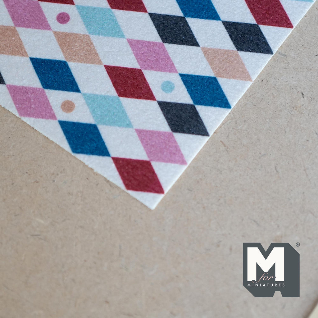 1:12 Scale Miniature Printed Argyle Area Rug, Dotted Accents, 6-1/4 inch long, DIY Dollhouse Supply