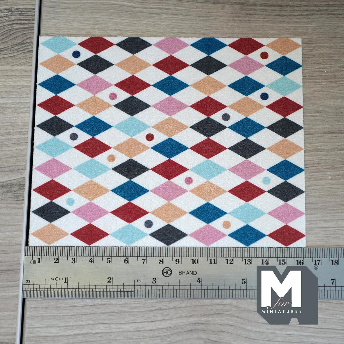1:12 Scale Miniature Printed Argyle Area Rug, Dotted Accents, 6-1/4 inch long, DIY Dollhouse Supply
