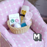 Dollhouse Miniature Sewing Kit 1:12 Scale Rattan Style Basket Scissors Fabric Spool Thread Set of 6 - F017
