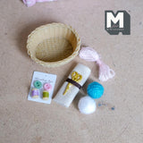 Dollhouse Miniature Sewing Kit 1:12 Scale Rattan Style Basket Scissors Fabric Spool Thread Set of 6 - F017