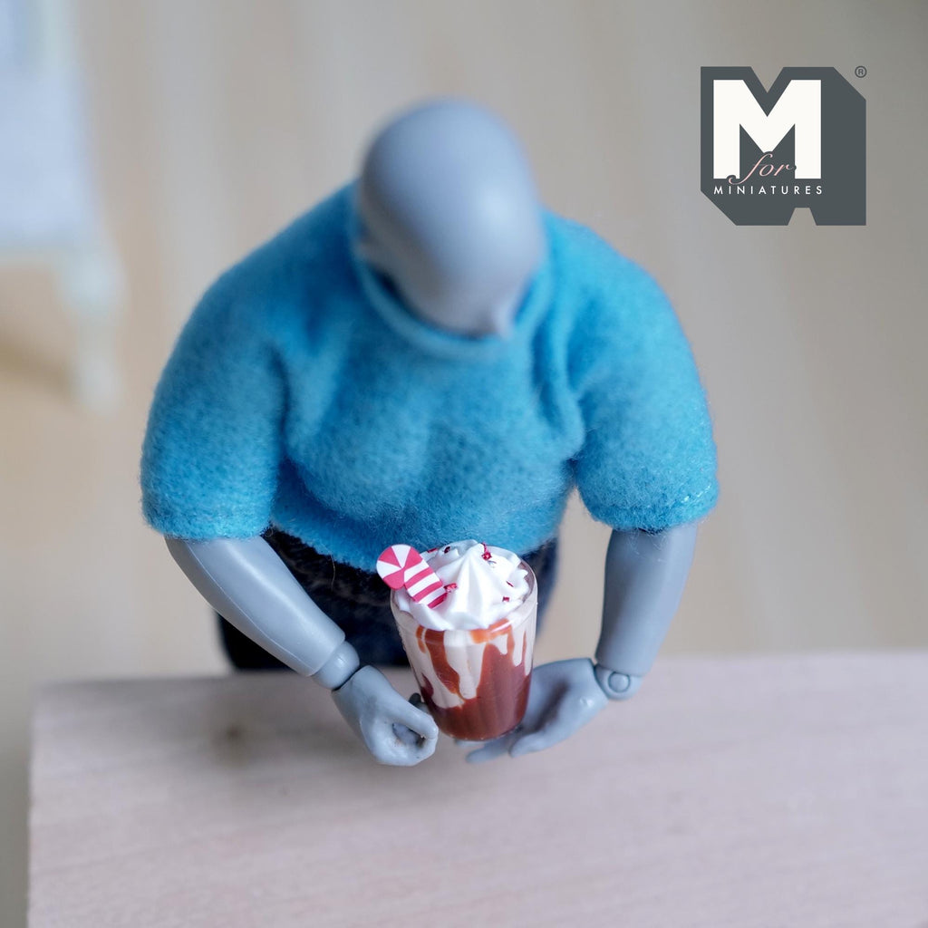 1:12 Scale Miniature Hot Chocolate with Whipped Cream and Candy Cane, Large, 7/8 inch tall, DIY Dollhouse Supply
