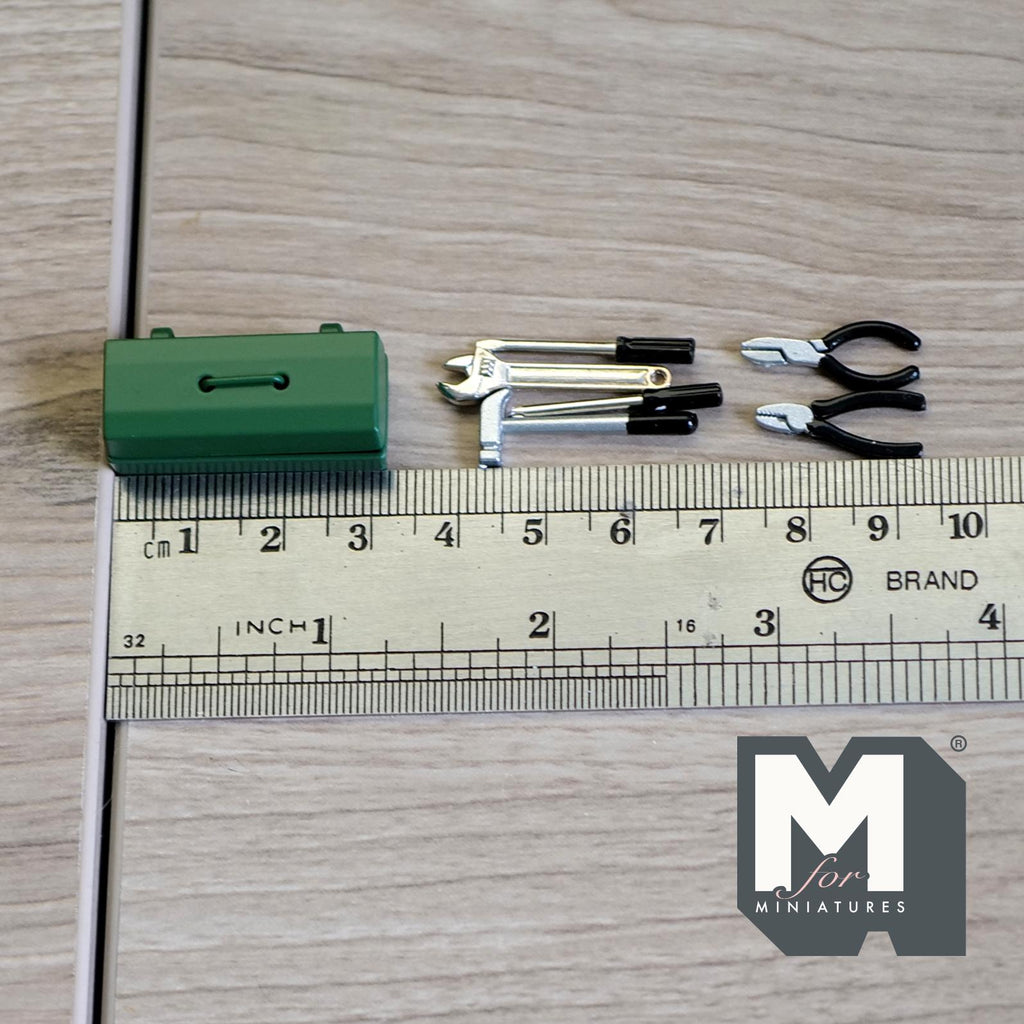 1:12 Scale Miniature Metal Tool Box with Tools, Set of 7, 1-1/4 inch long, DIY Dollhouse Supply (green)
