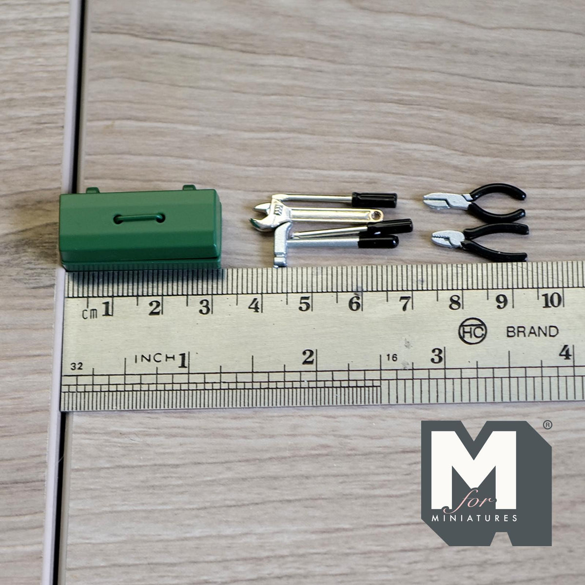1:12 Scale Miniature Metal Tool Box with Tools, Set of 7, 1-1/4 inch long, DIY Dollhouse Supply (green)