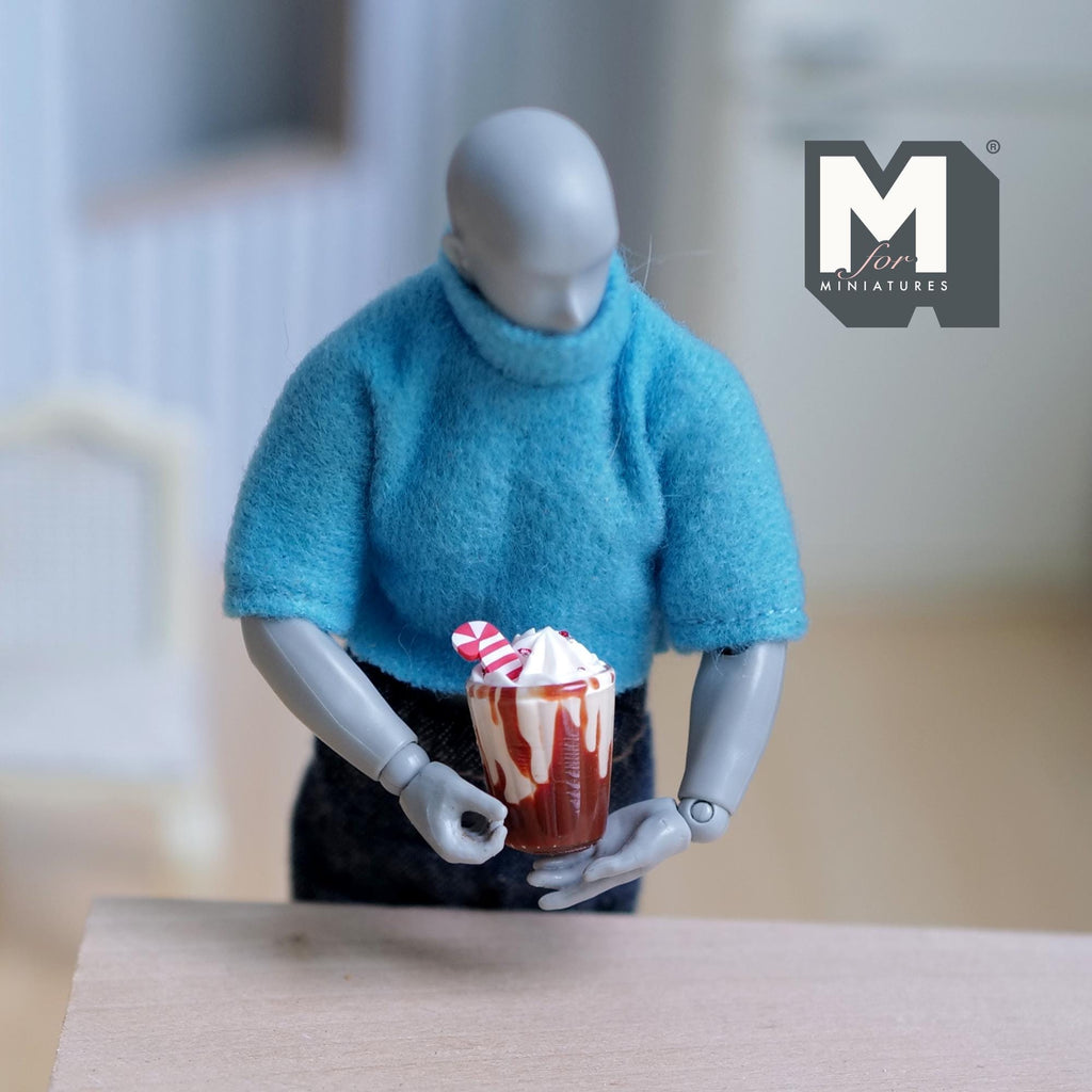 1:12 Scale Miniature Hot Chocolate with Whipped Cream and Candy Cane, Large, 7/8 inch tall, DIY Dollhouse Supply