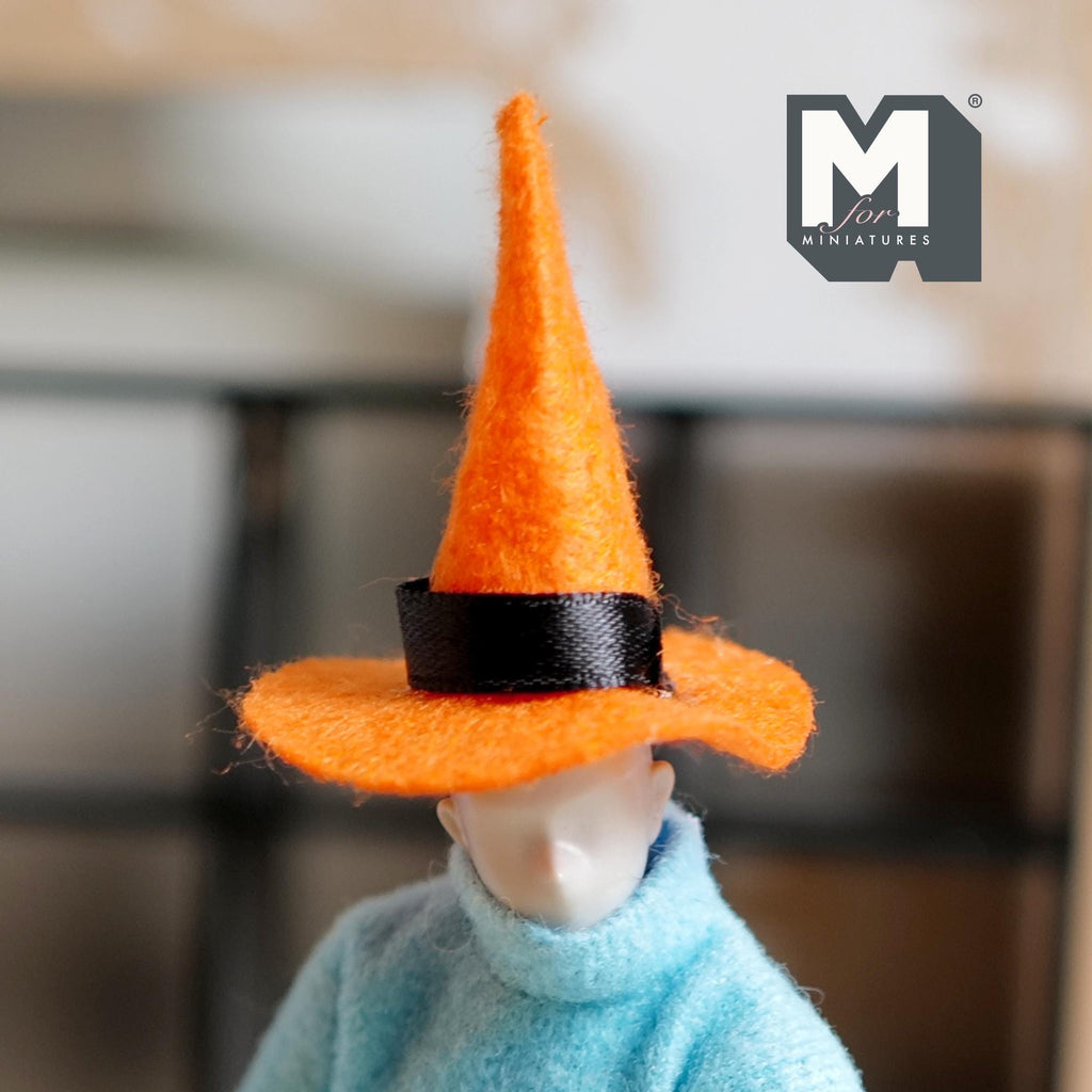 1:12 Scale Miniature Halloween Witch Hat, Black Ribbon, 1-1/2 inch tall, DIY Dollhouse Supply (orange felt)