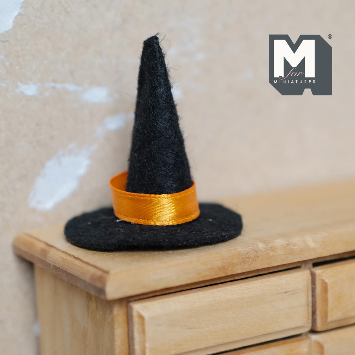 1:12 Scale Miniature Halloween Witch Hat with Orange Ribbon, 1-1/2 inch tall, DIY Dollhouse Supply (black felt)