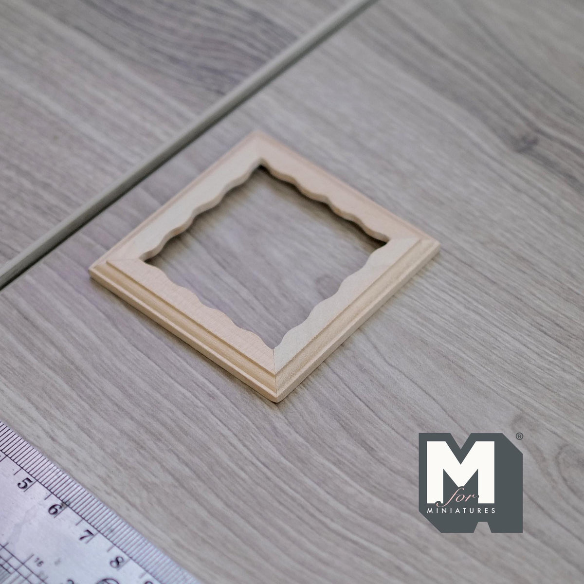 1:12 Scale Miniature Square Scalloped Edge Photo Frame with Glazing and Backing, Ready to Paint, 2-3/8 inch wide Dollhouse Supply