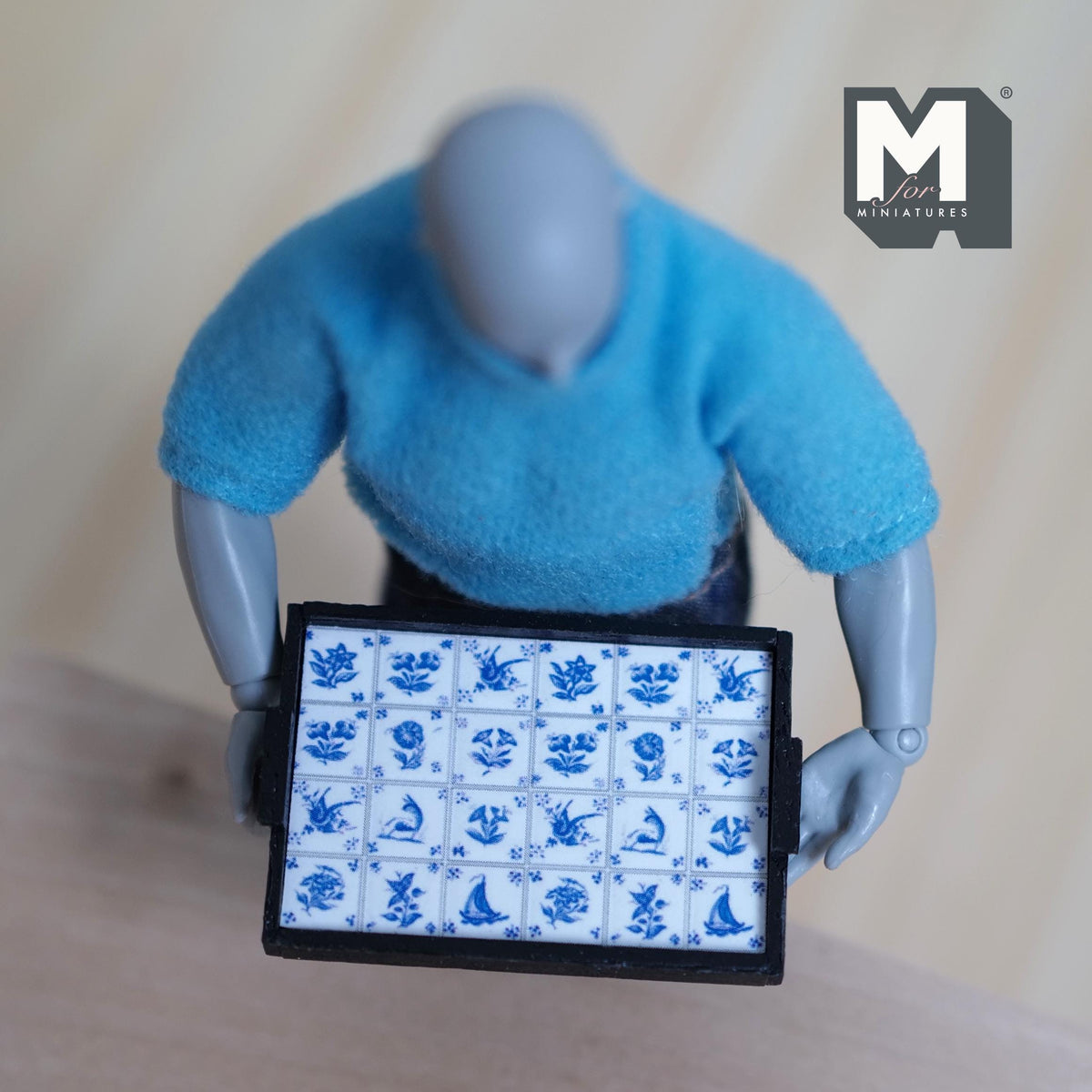 1:12 Scale Miniature Wood Delft Tile Tray, Blue and White, 1-5/8 inch long, DIY Dollhouse Supply
