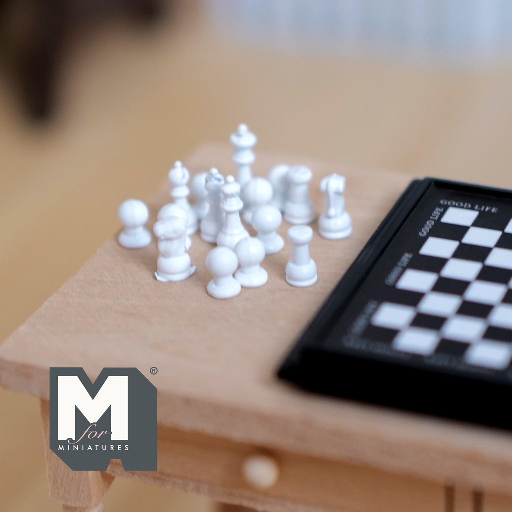 1:12 Scale Miniature Chess Set, Black Board with Black and White Pieces, 1-7/8 inch square, DIY Dollhouse Supply (non magnetic)