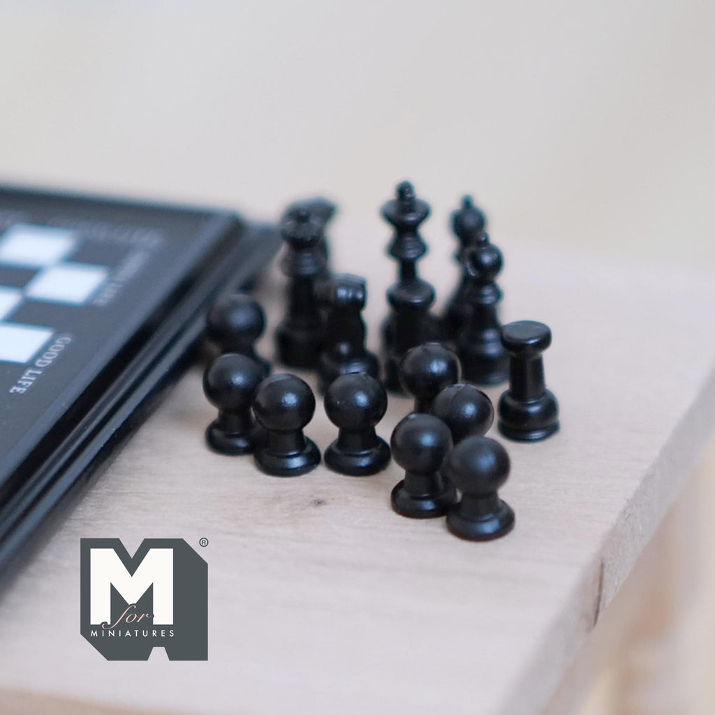 1:12 Scale Miniature Chess Set, Black Board with Black and White Pieces, 1-7/8 inch square, DIY Dollhouse Supply (non magnetic)