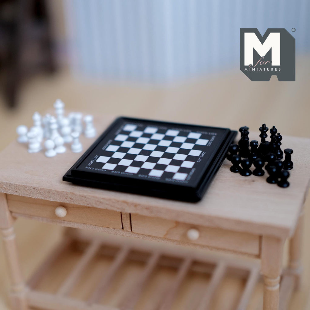1:12 Scale Miniature Chess Set, Black Board with Black and White Pieces, 1-7/8 inch square, DIY Dollhouse Supply (non magnetic)