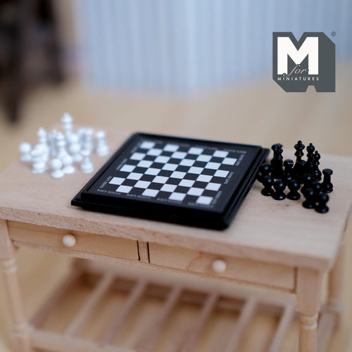 1:12 Scale Miniature Chess Set, Black Board with Black and White Pieces, 1-7/8 inch square, DIY Dollhouse Supply (non magnetic)