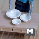 Dollhouse Miniature Bowls with Beaded Rim Set of 3 Sizes 1:12 Scale Stackable Metal Bowls (white) - E047