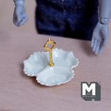 Miniature 3 Compartment Dish 1:12 Scale Dollhouse Kitchen Tri Section Scalloped Edge Tray Handle 13/16 inch tall (cream/gold) - E092