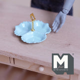 Miniature 3 Compartment Dish 1:12 Scale Dollhouse Kitchen Tri Section Scalloped Edge Tray Handle 13/16 inch tall (blue/gold) - E092