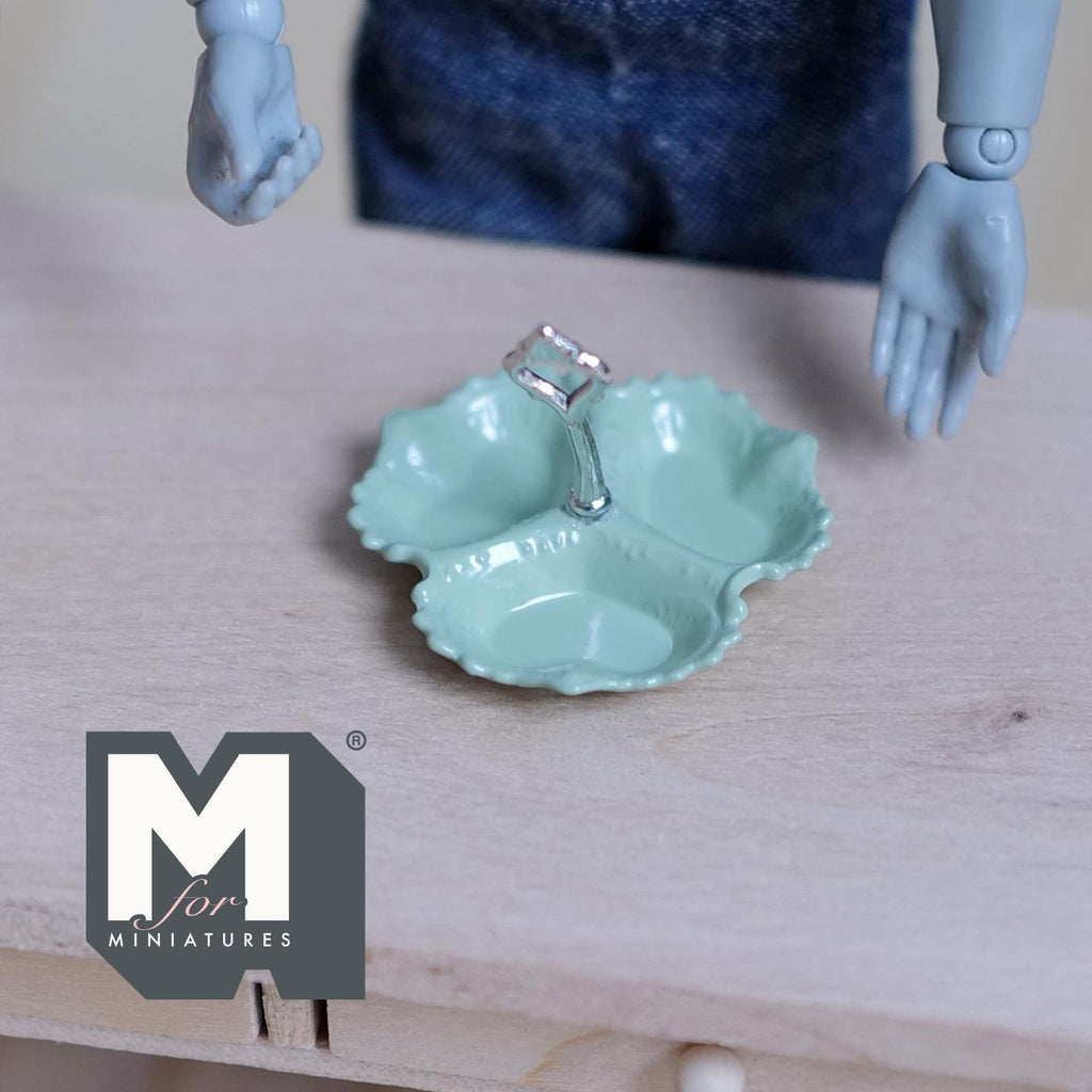 1:12 Scale Miniature 3 Compartment Dish, Scalloped Edge, Center Handle, 13/16 inch tall, DIY Dollhouse Supply (green/silver)