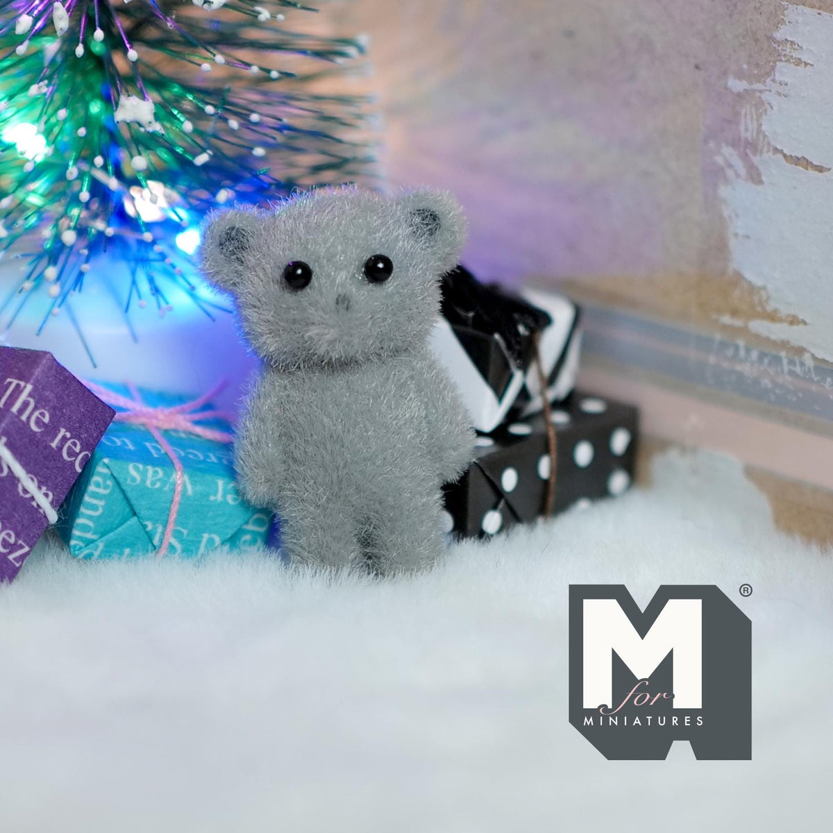 1:12 Scale Miniature Bear Cub Doll, 1-5/16 inch tall, DIY Dollhouse Supply (flocked skin) (gray)