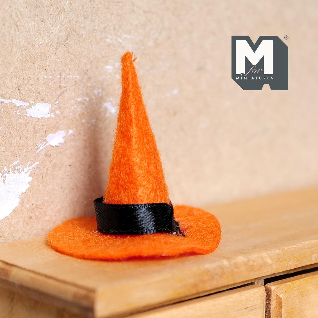 1:12 Scale Miniature Halloween Witch Hat, Black Ribbon, 1-1/2 inch tall, DIY Dollhouse Supply (orange felt)