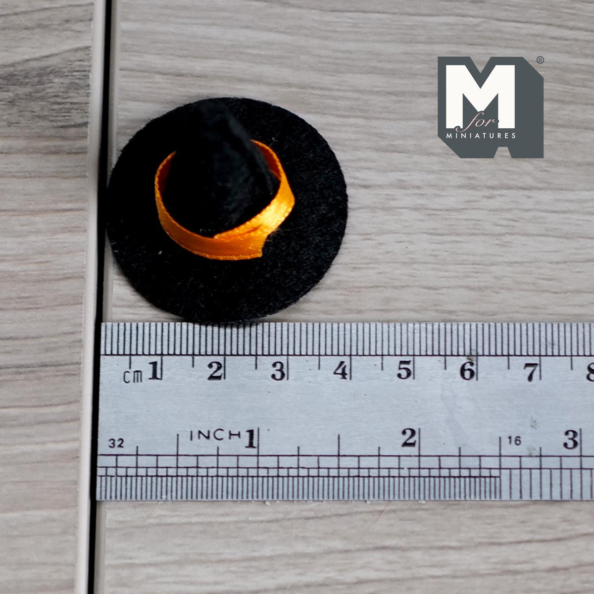 1:12 Scale Miniature Halloween Witch Hat with Orange Ribbon, 1-1/2 inch tall, DIY Dollhouse Supply (black felt)