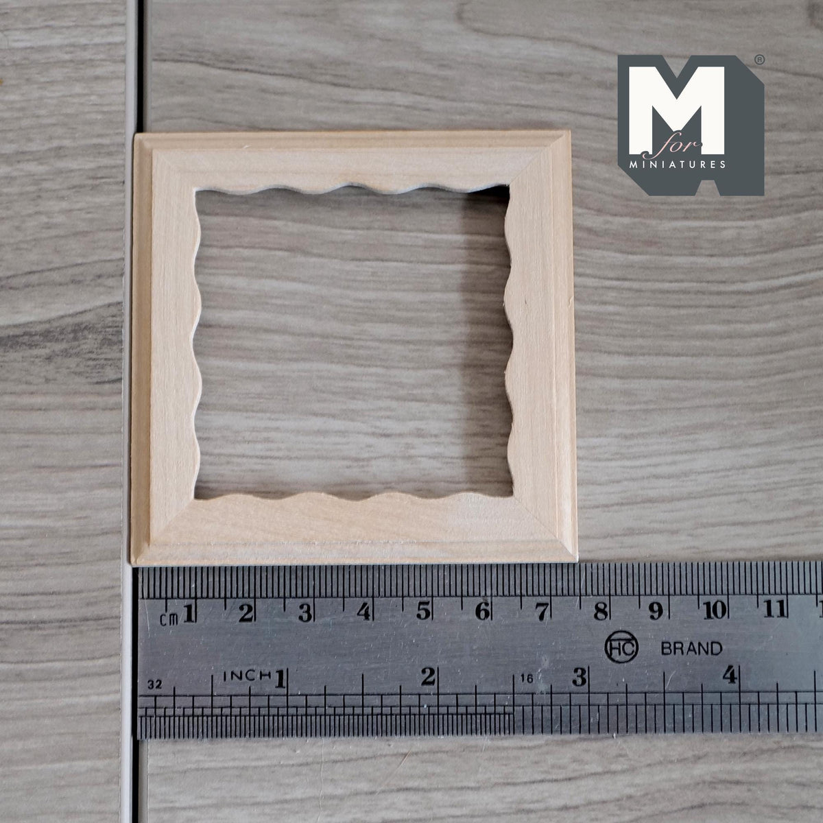 1:12 Scale Miniature Square Scalloped Edge Photo Frame with Glazing and Backing, Ready to Paint, 2-15/16 inch wide, DIY Dollhouse Supply