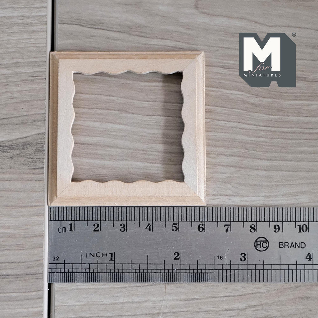 1:12 Scale Miniature Square Scalloped Edge Photo Frame with Glazing and Backing, Ready to Paint, 2-3/8 inch wide Dollhouse Supply