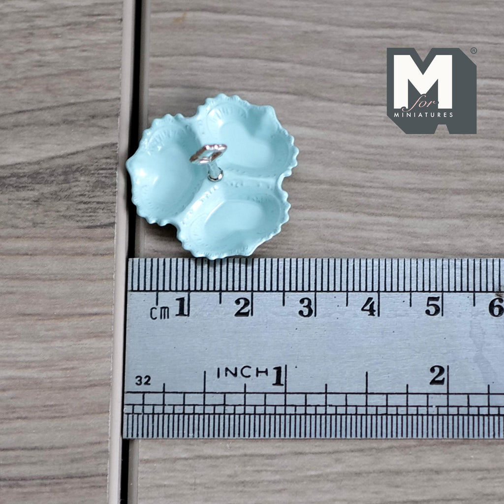 Miniature 3 Compartment Dish 1:12 Scale Dollhouse Kitchen Tri Section Scalloped Edge Tray Handle 13/16 inch tall (blue/silver) - E092