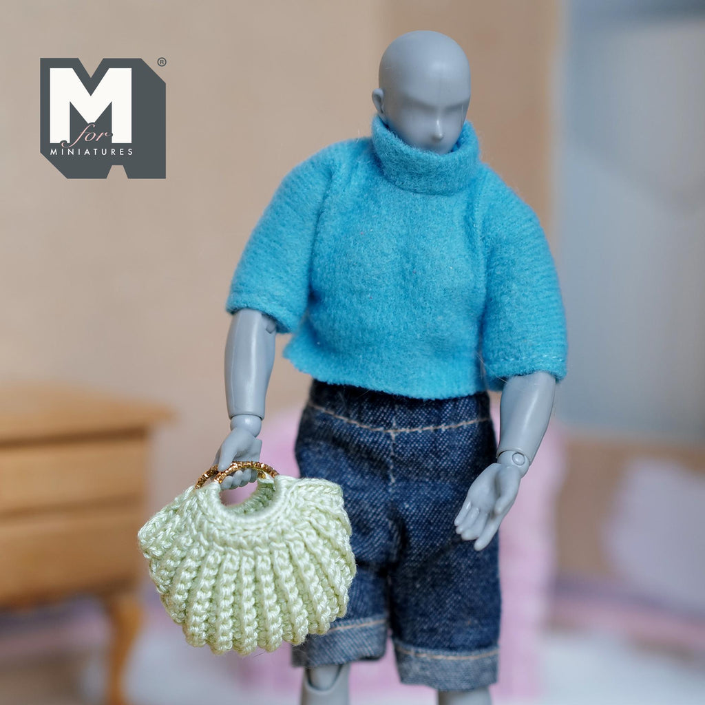 Miniature Knitted Handbag 1:12 Scale Purse Dollhouse Accessories 1-1/4 inch tall (green) - C051