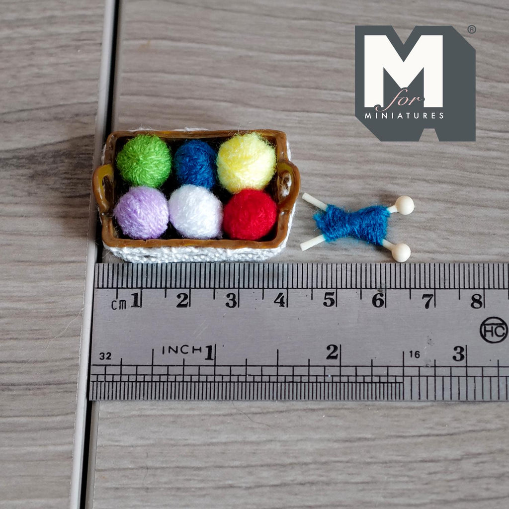 Miniature Yarn Basket Set 1:12 Scale Dollhouse Woven Style Knitting Basket and Needles (dark brown) - F036
