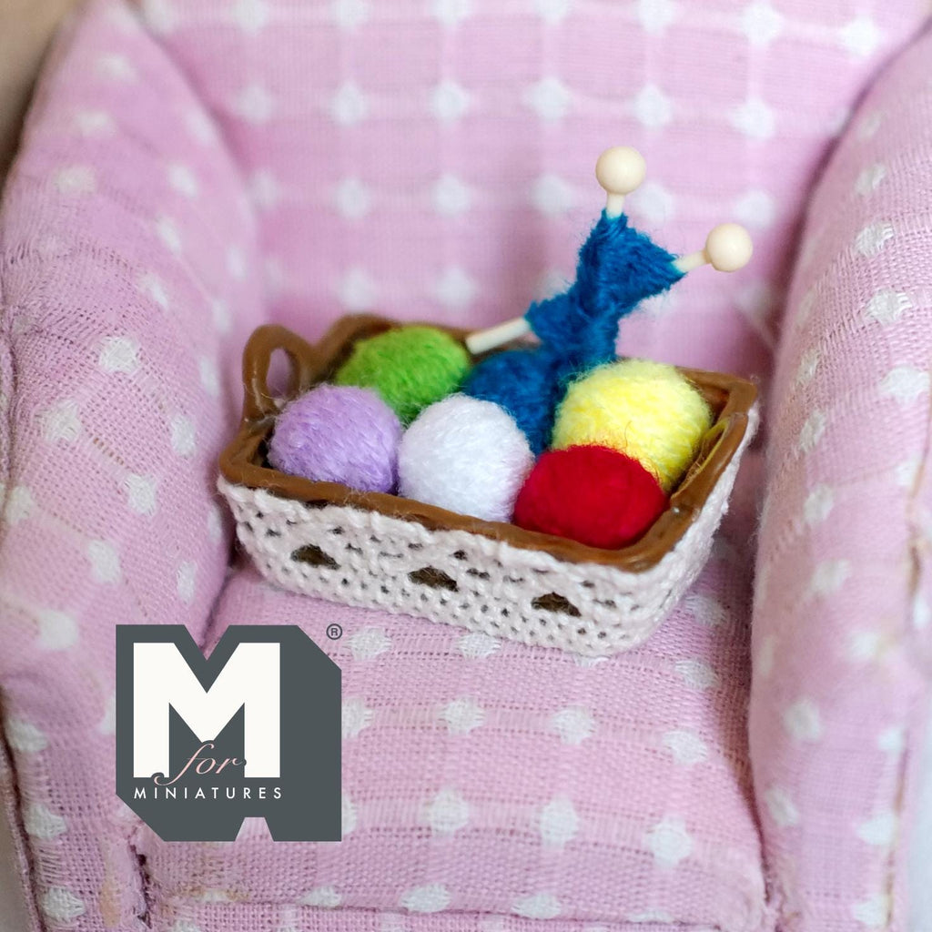 Miniature Yarn Basket Set 1:12 Scale Dollhouse Woven Style Knitting Basket and Needles (dark brown) - F036