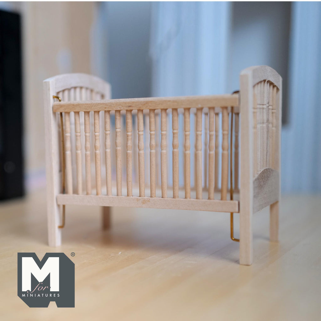 Dollhouse Drop-Side Baby Crib with Pad 1:12 Scale Miniature Wood Cot Unfinished 3-13/16 inch tall - J016