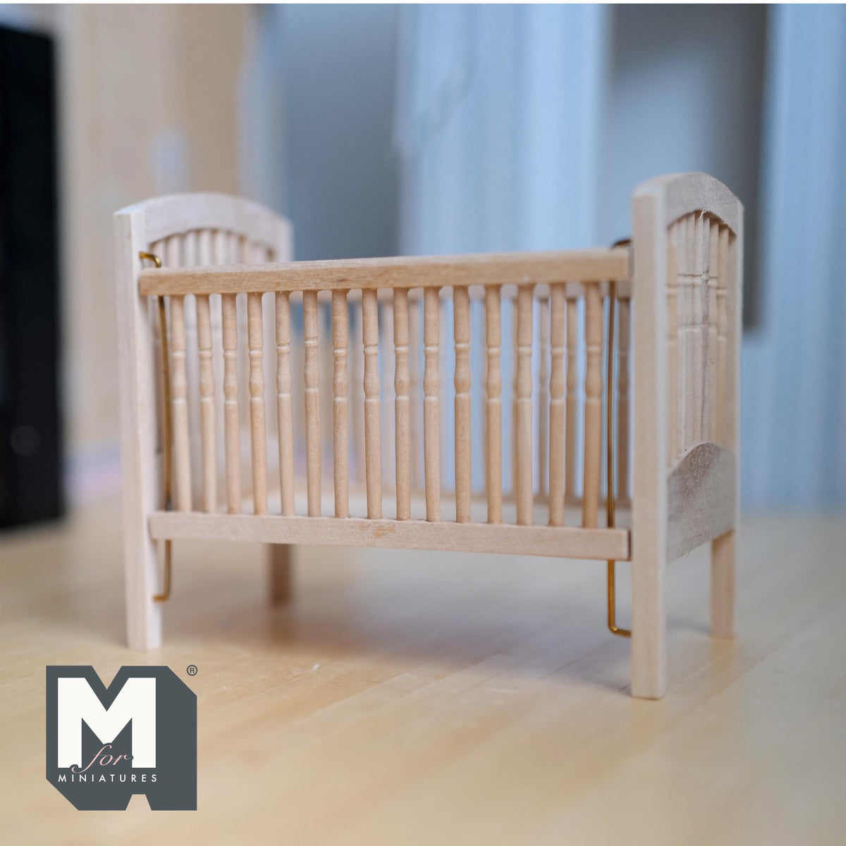 Dollhouse Drop-Side Baby Crib with Pad 1:12 Scale Miniature Wood Cot Unfinished 3-13/16 inch tall - J016