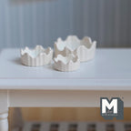 1:12 scale miniature wavy edge bowls in white, set of 3 in graduated sizes, shown on a white table