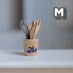 1:12 scale miniature wood cooking utensils with utensil jar, set of 6, jar with blue windmill print, shown on a white counter