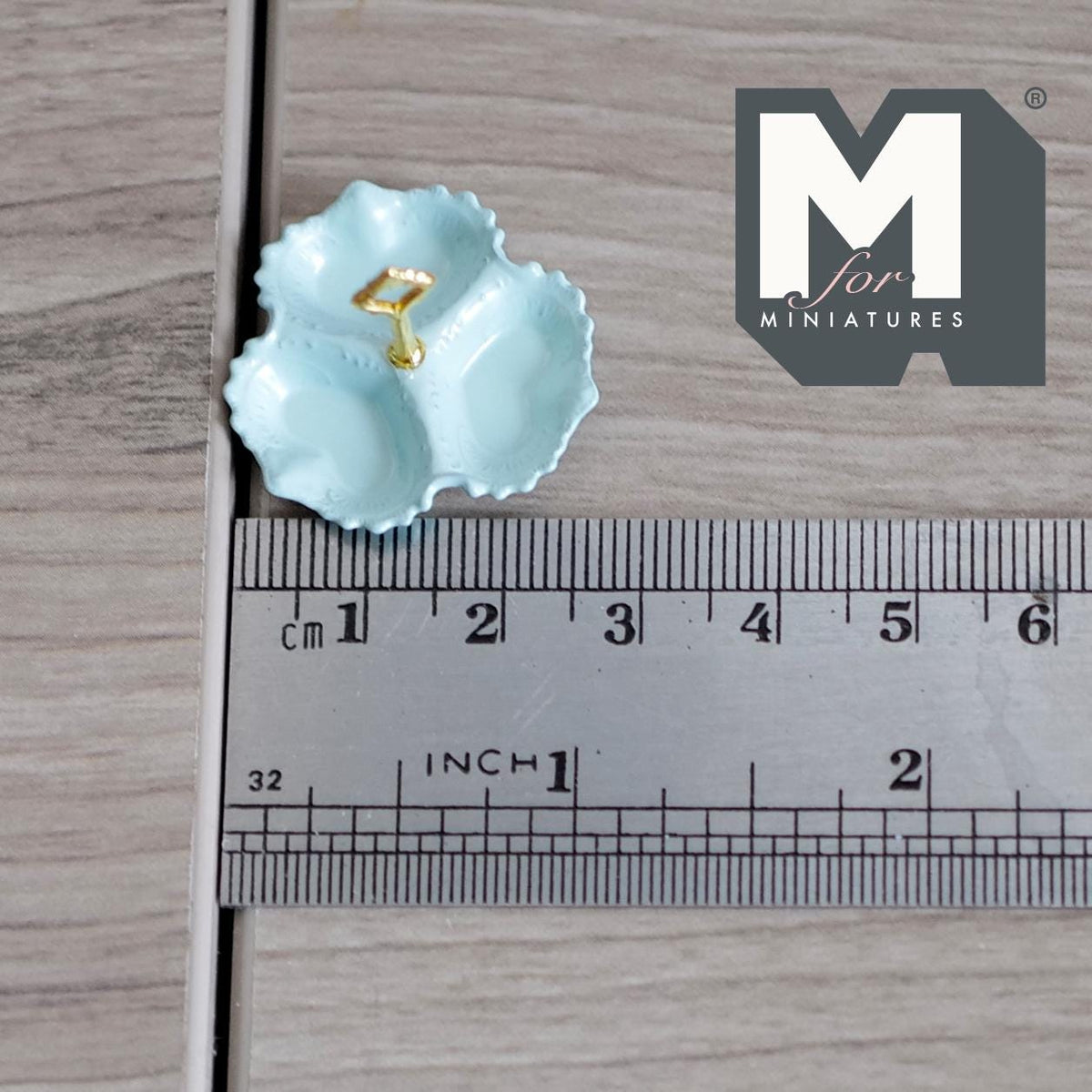 1:12 Scale Miniature 3 Compartment Dish, Scalloped Edge, Center Handle, 13/16 inch tall, DIY Dollhouse Supply (blue/gold)