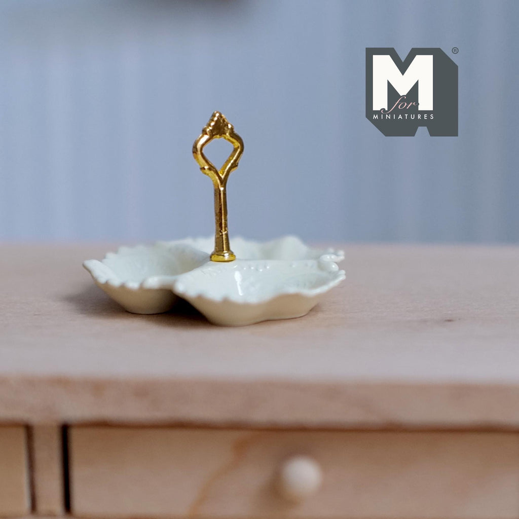 1:12 Scale Miniature 3 Compartment Serving Dish, Scalloped Edge, Center Handle, 13/16 inch tall, DIY Dollhouse Supply (cream/gold)