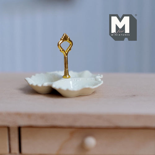 1:12 Scale Miniature 3 Compartment Serving Dish, Scalloped Edge, Center Handle, 13/16 inch tall, DIY Dollhouse Supply (cream/gold)