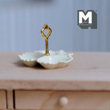 Miniature 3 Compartment Dish 1:12 Scale Dollhouse Kitchen Tri Section Scalloped Edge Tray Handle 13/16 inch tall (cream/gold) - E092