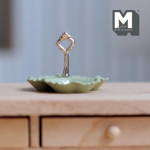 1:12 Scale Miniature 3 Compartment Dish, Scalloped Edge, Center Handle, 13/16 inch tall, DIY Dollhouse Supply (green/silver)