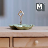Miniature 3 Compartment Dish 1:12 Scale Dollhouse Kitchen Tri Section Scalloped Edge Tray Handle 13/16 inch tall (green/silver) - E092