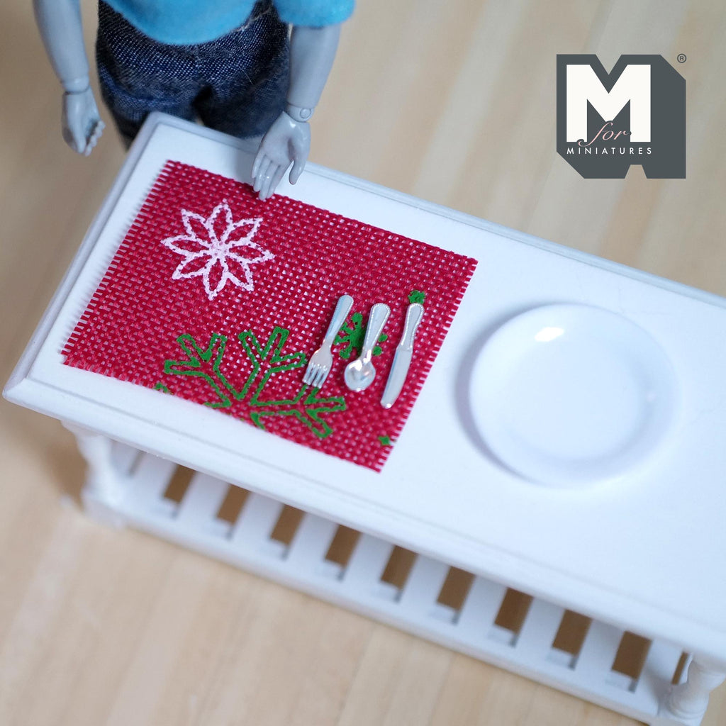 Dollhouse Tableware Set 1:12 Scale Miniature Large Size Plate Cutlery and Placemat Knife Fork Spoon Table Mat Set of 5 - F011