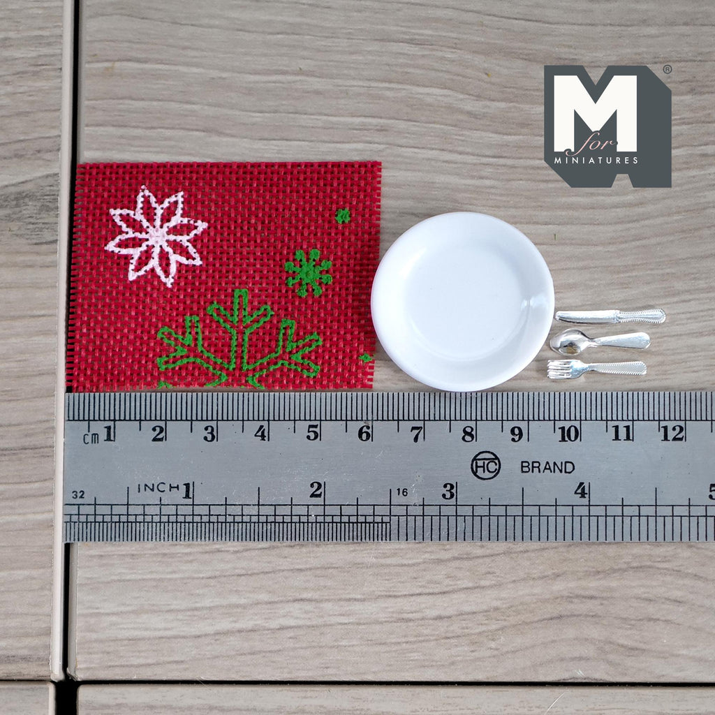 Dollhouse Tableware Set 1:12 Scale Miniature Large Size Plate Cutlery and Placemat Knife Fork Spoon Table Mat Set of 5 - F011