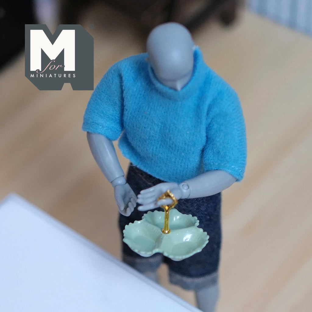 Miniature 3 Compartment Dish 1:12 Scale Dollhouse Kitchen Tri Section Scalloped Edge Tray Handle 13/16 inch tall (green/gold) - E092