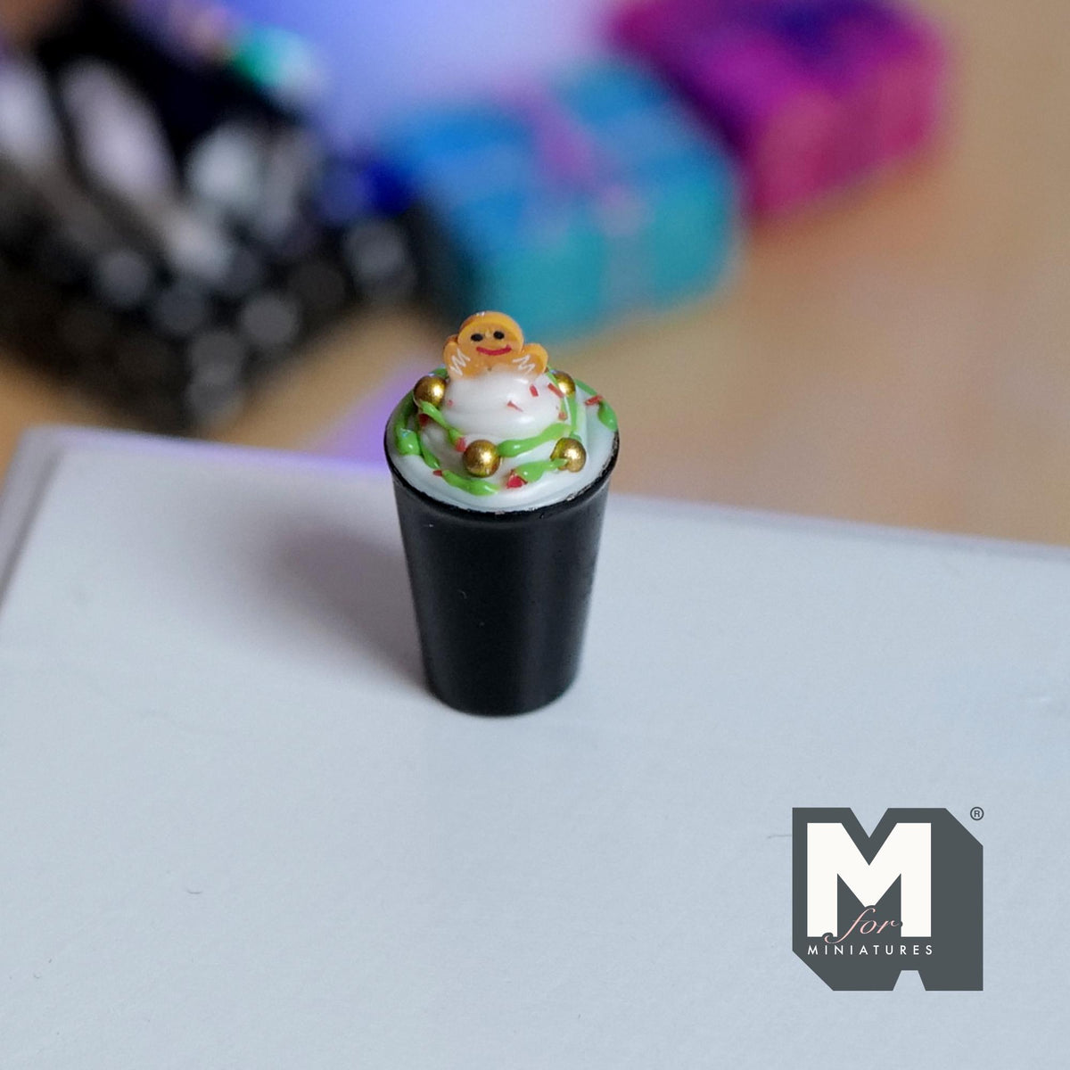 Miniature Christmas Themed Midnight Gingerbread Latte 1:12 Scale Large Size Holiday Drink 7/8 inch tall - E092