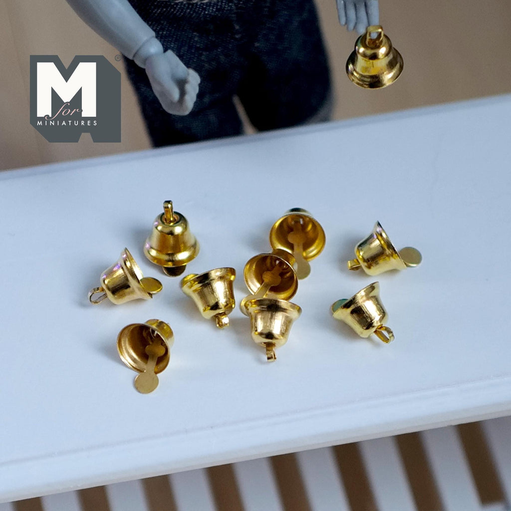 1:12 Scale Miniature Metal Bells Set of 10, Craft Charms with Wire String, Wreaths and Garlands, 1/2 inch tall, Dollhouse Craft Supply
