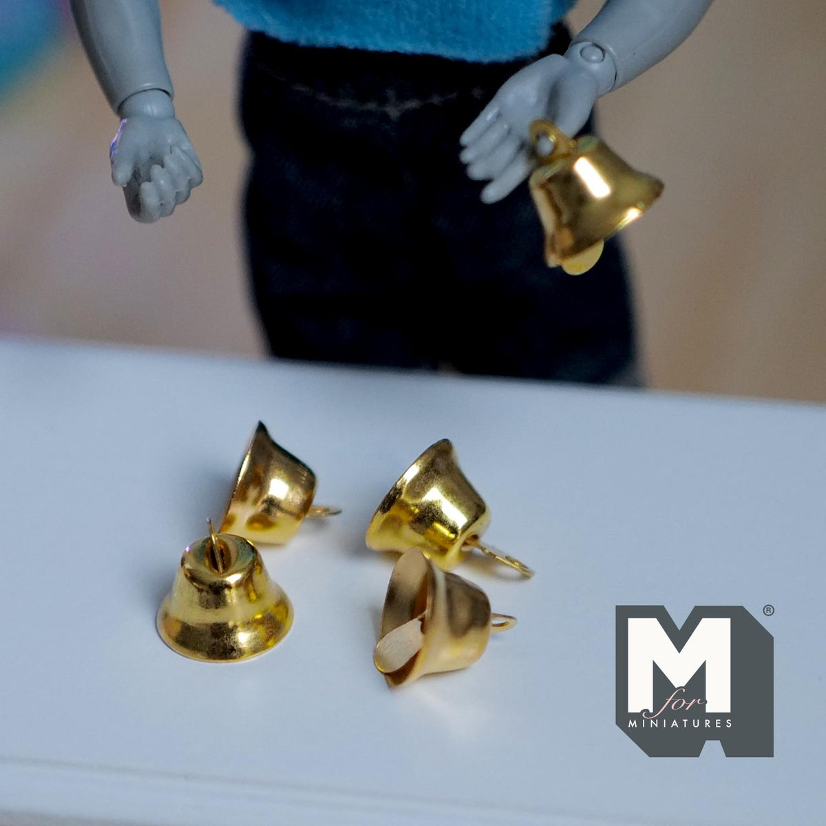 1:12 Scale Miniature Metal Bells Set of 5, Craft Charms with Wire String, Wreaths and Garlands, 5/8 inch tall, Dollhouse Craft Supply